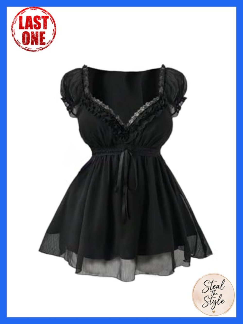 Goth Y2K Sheer Lace Blouse Puff Sleeve Ruffle Tiered Tie Front Top